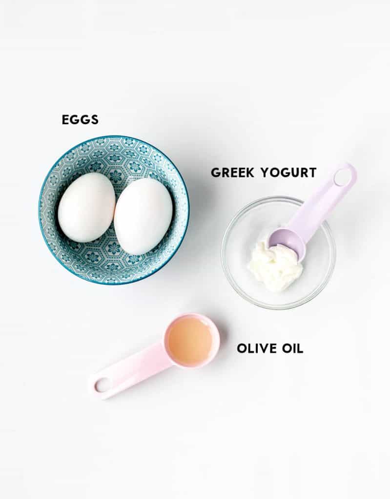 Eggs, Greek yogurt and olive oil for baby scrambled eggs recipe.