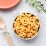 5 ingredient mac and cheese in a bowl next to forks and a plate.