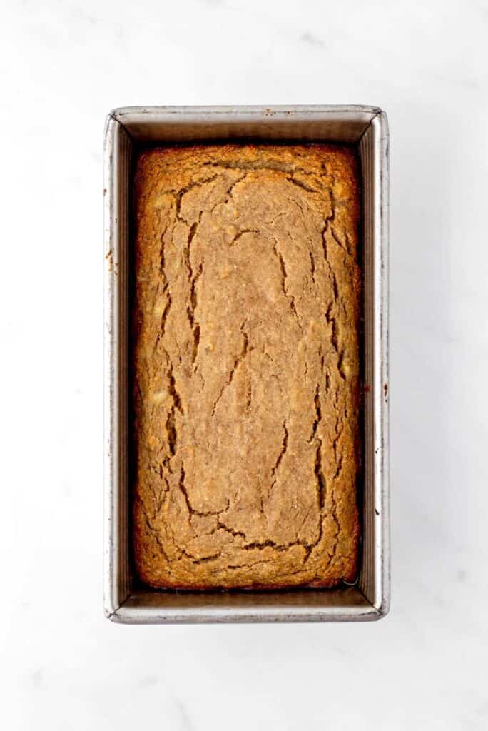 The baked banana bread for babies in a loaf pan.