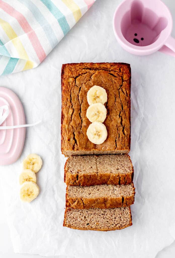 Banana bread for babies cut into slices.