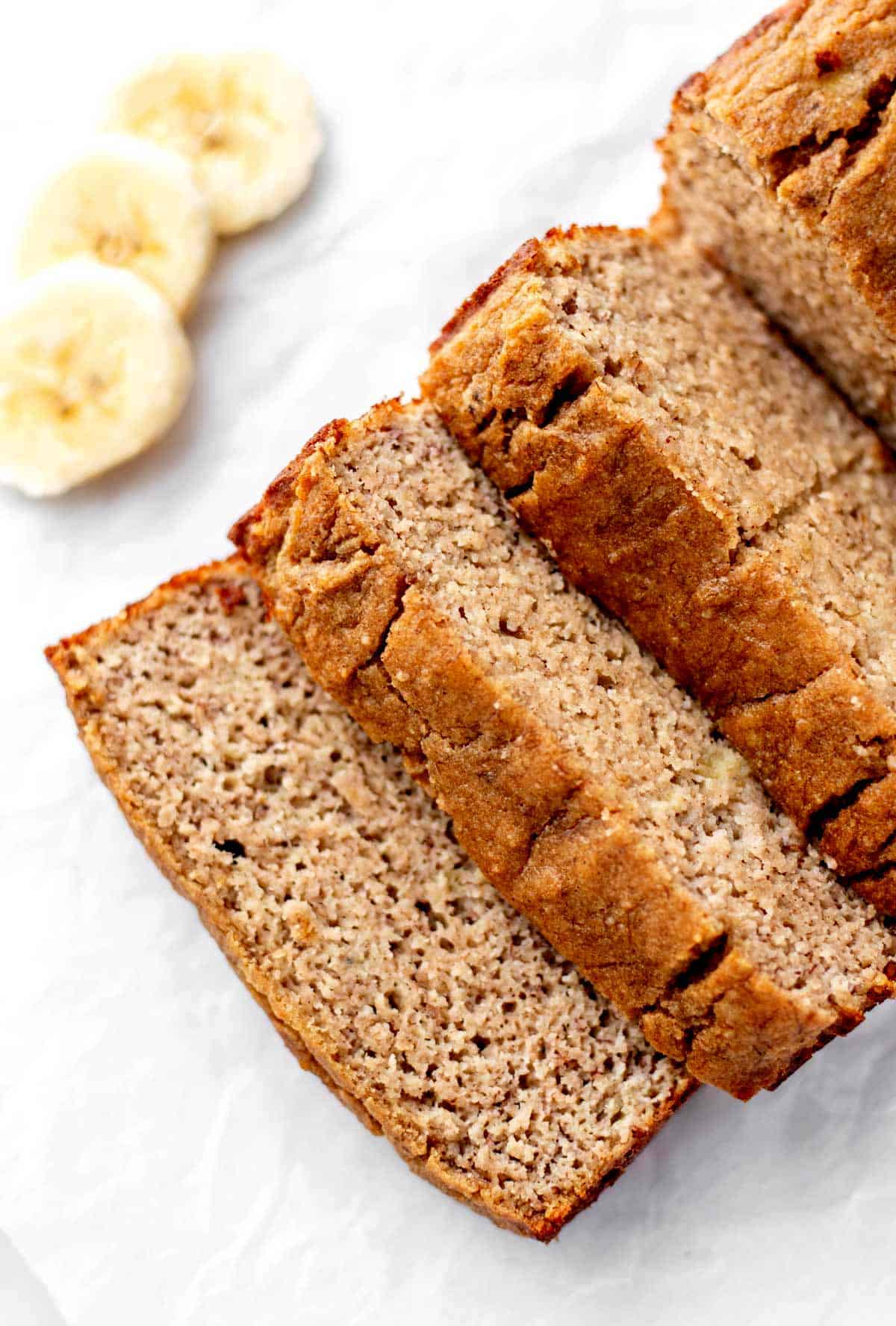 Up close image of slices of baby banana bread.
