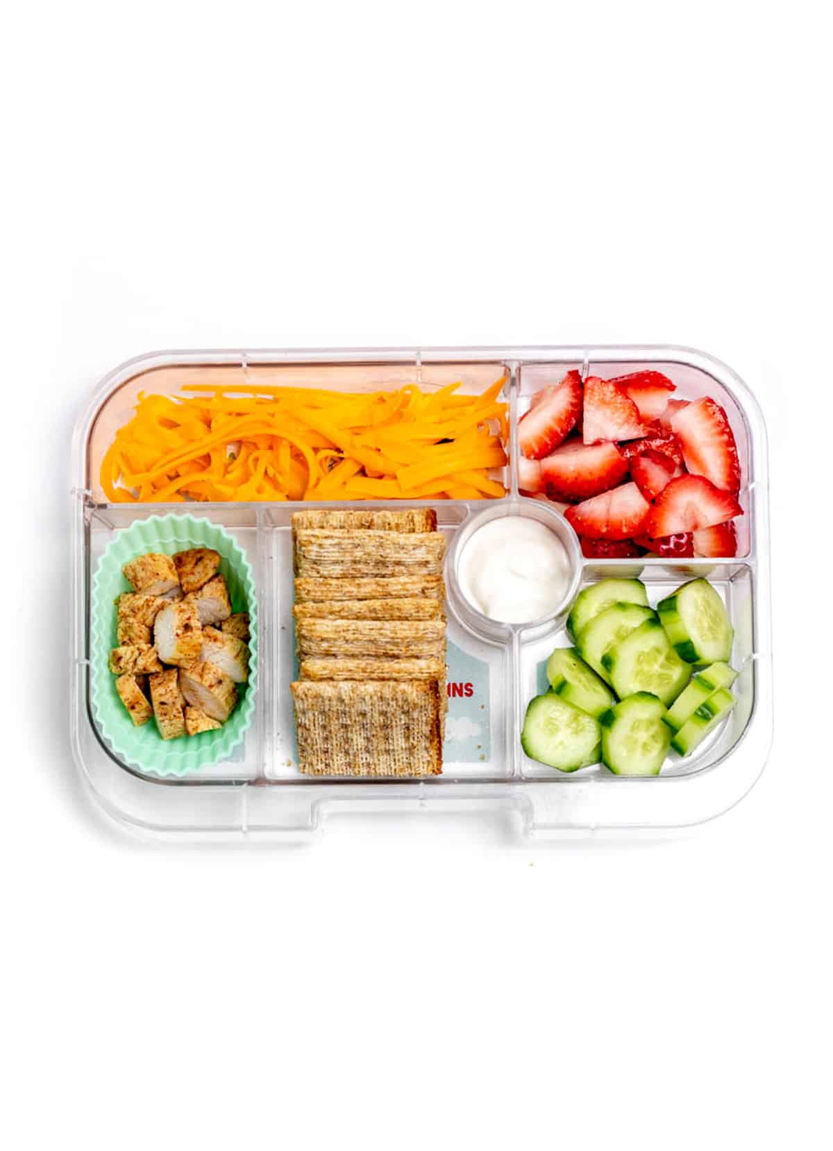 A lunch box with leftover grilled chicken, triscuits, shredded cheddar cheese, fresh strawberries, sliced mini cucumbers and strawberries.