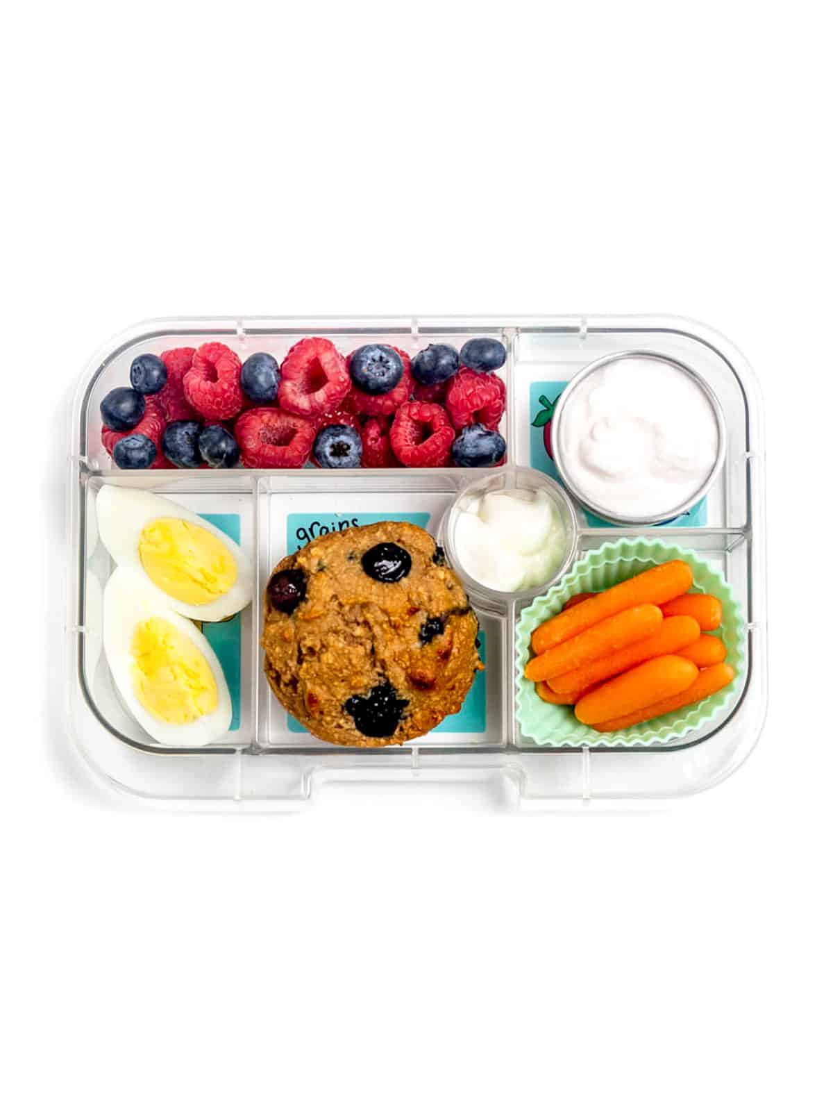 A lunch box with a hard boiled egg, blueberries protein muffin, yogurt, mixed berries, and carrot sticks with dip.