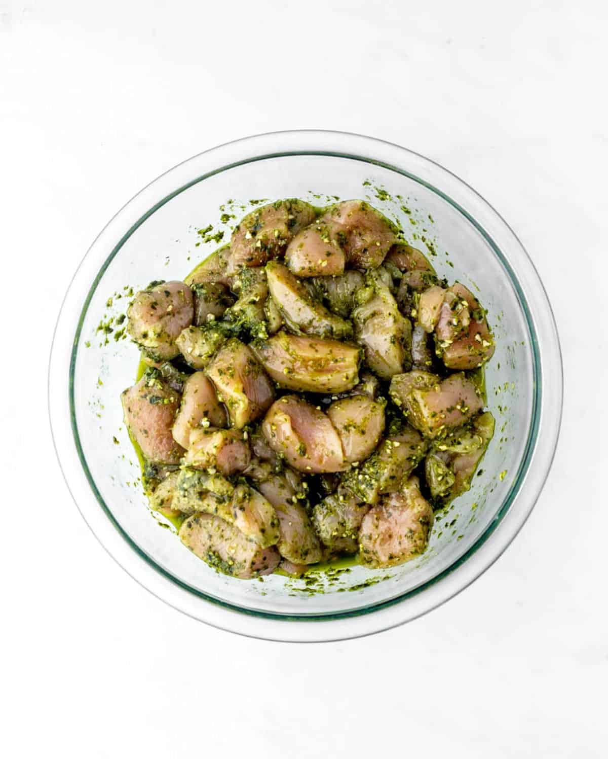 Chicken pieces tossed together with pesto.