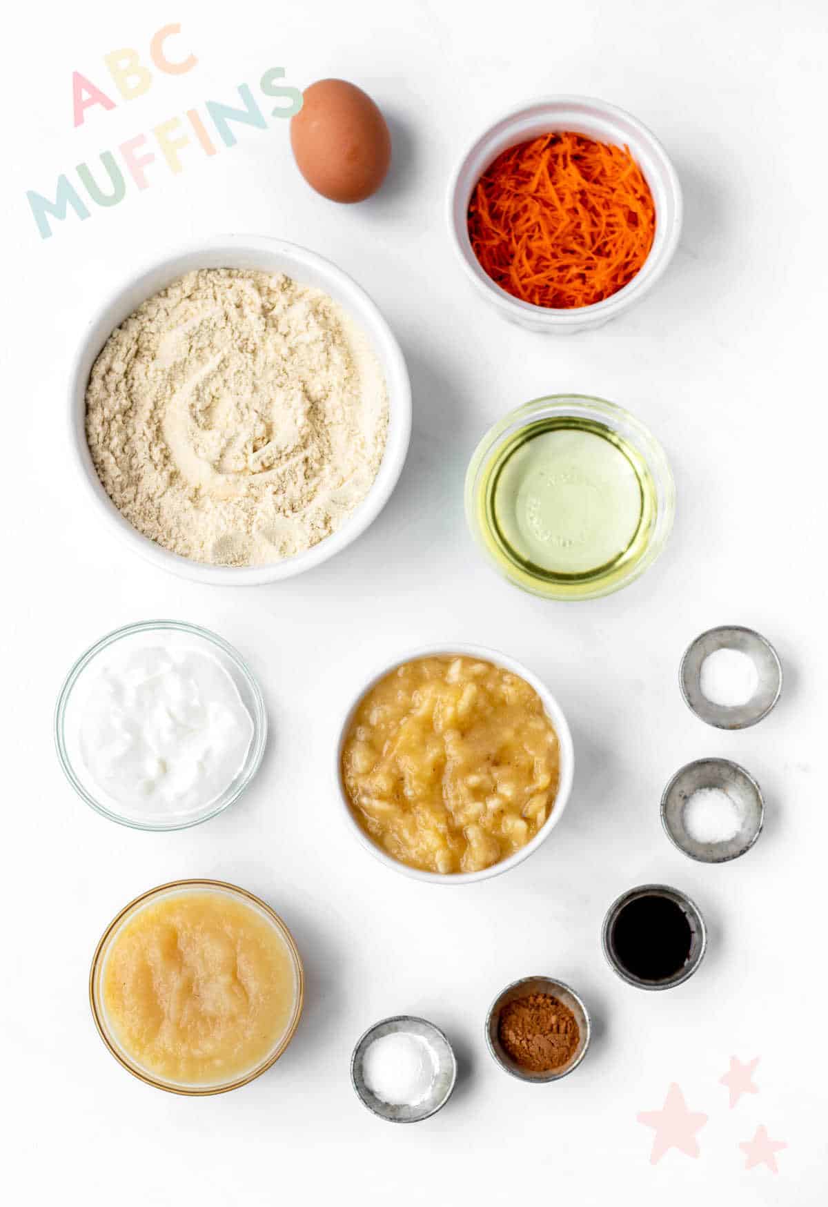 Ingredients required for abc muffins recipe.