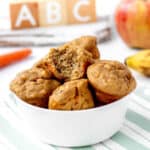 Up close image of abc muffins in a bowl.