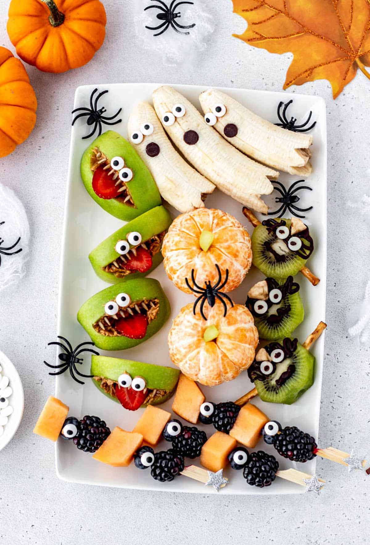 Overhead image of Halloween fruit platter.