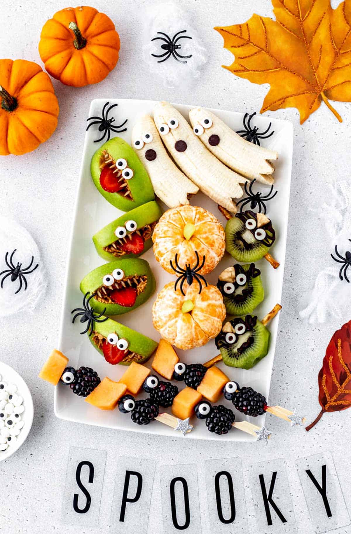 Overhead image of Halloween fruit tray.