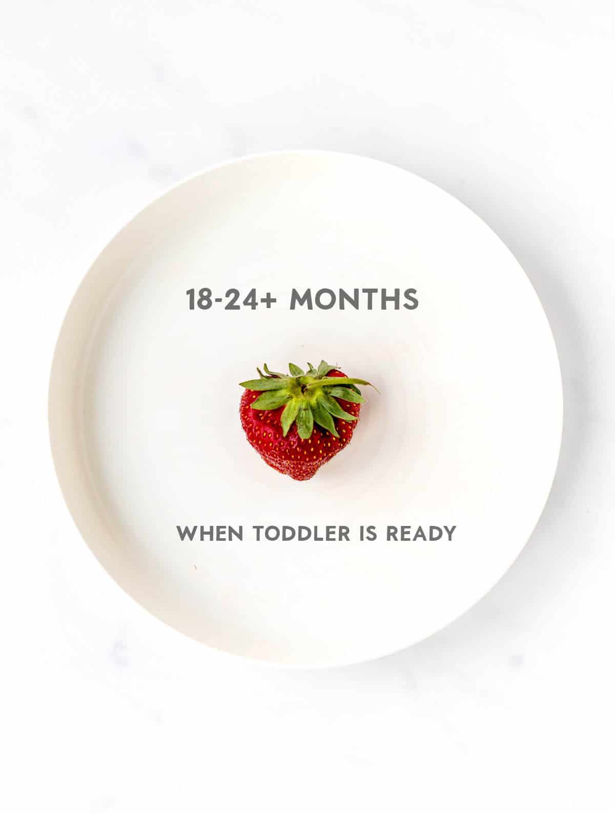 A whole strawberry on a white plate, demonstrating how to serve strawberries for 18-24 month old baby.