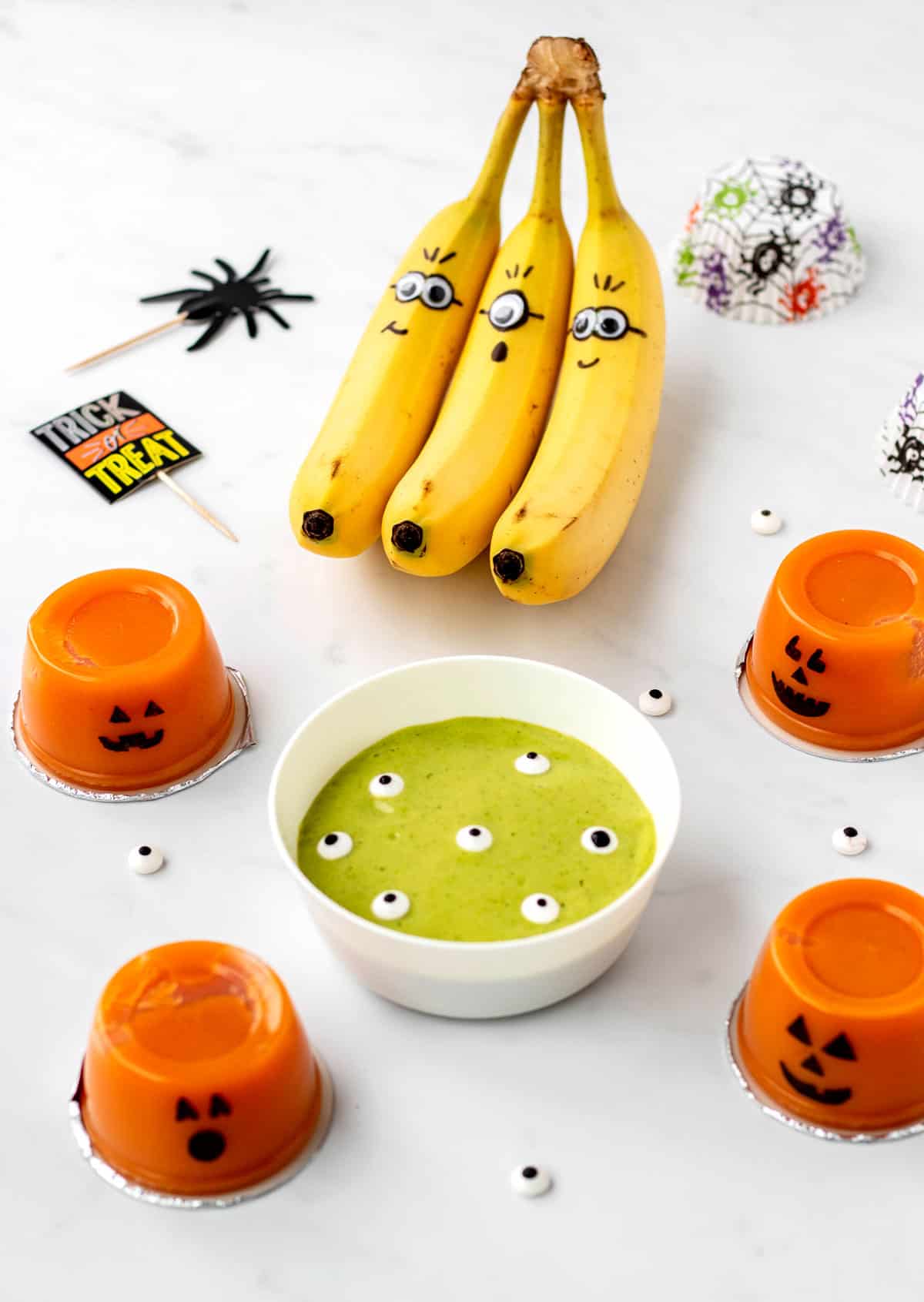 A bunch of Halloween fruits snacks for kids.