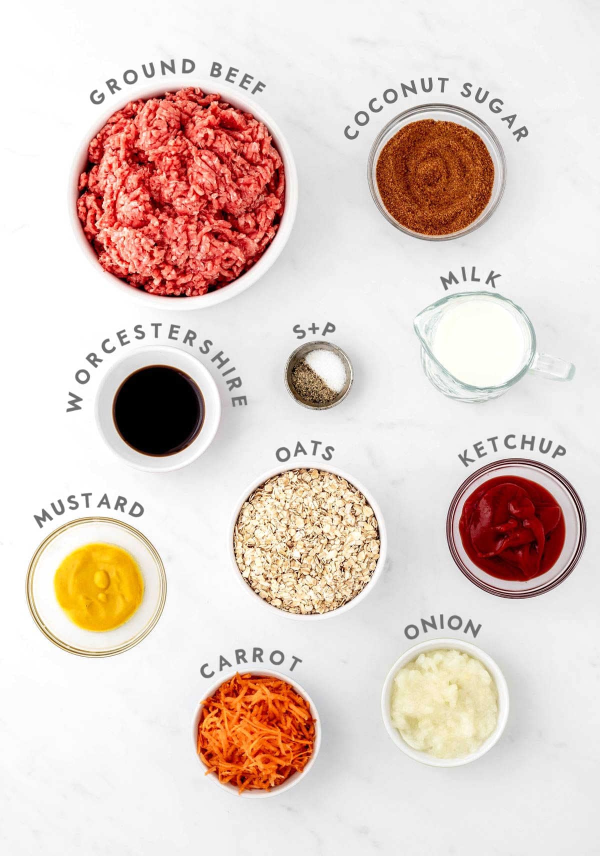 Ingredients required for mini meatloaf recipe without eggs.