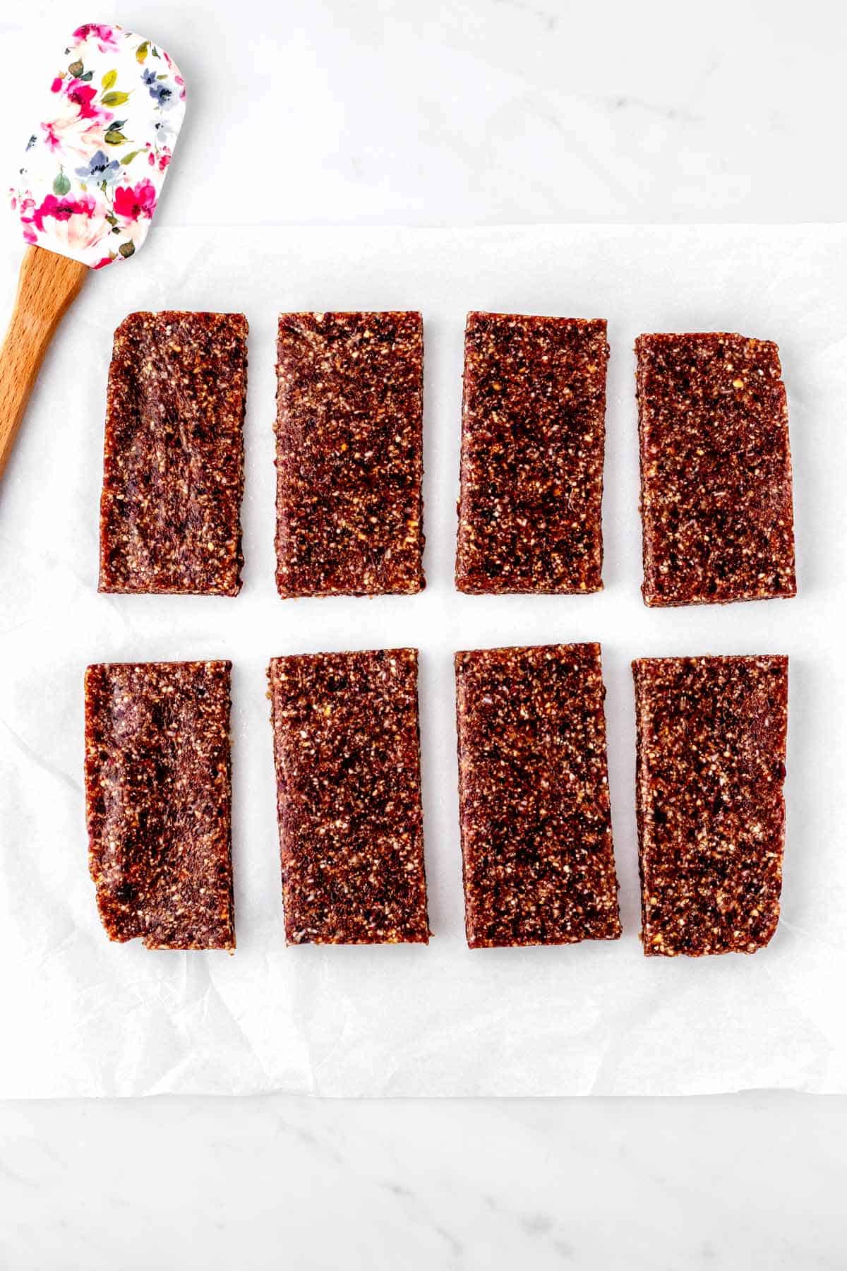 Pressed fruit bars cut into eight bars.