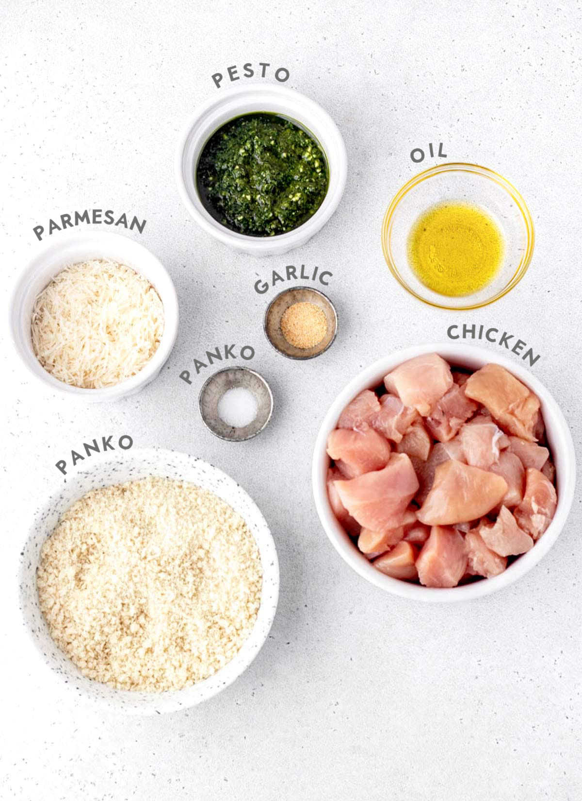Ingredients for pesto chicken bites recipe.
