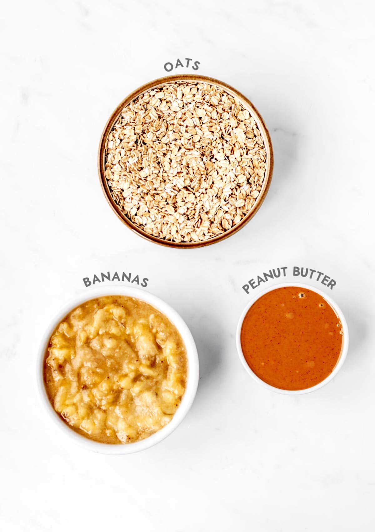Labelled ingredients required for 3 ingredient banana oatmeal muffins recipe.