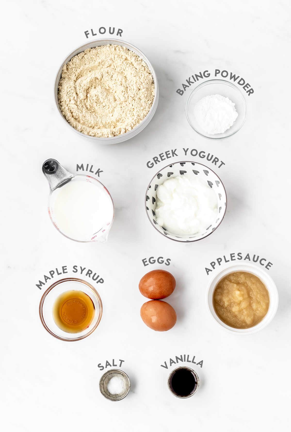 Labelled ingredients required to make pancake donut recipe.