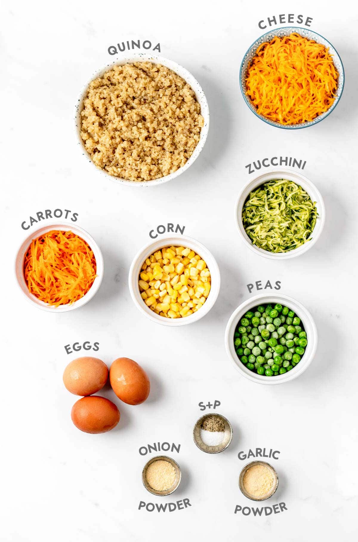 Ingredients with labels for quinoa veggie bites recipe.