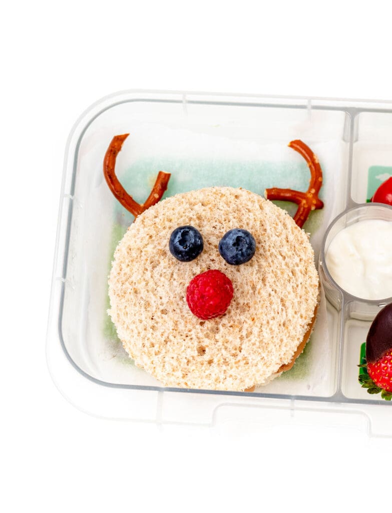 A Rudolph sandwich in a clear lunch container.