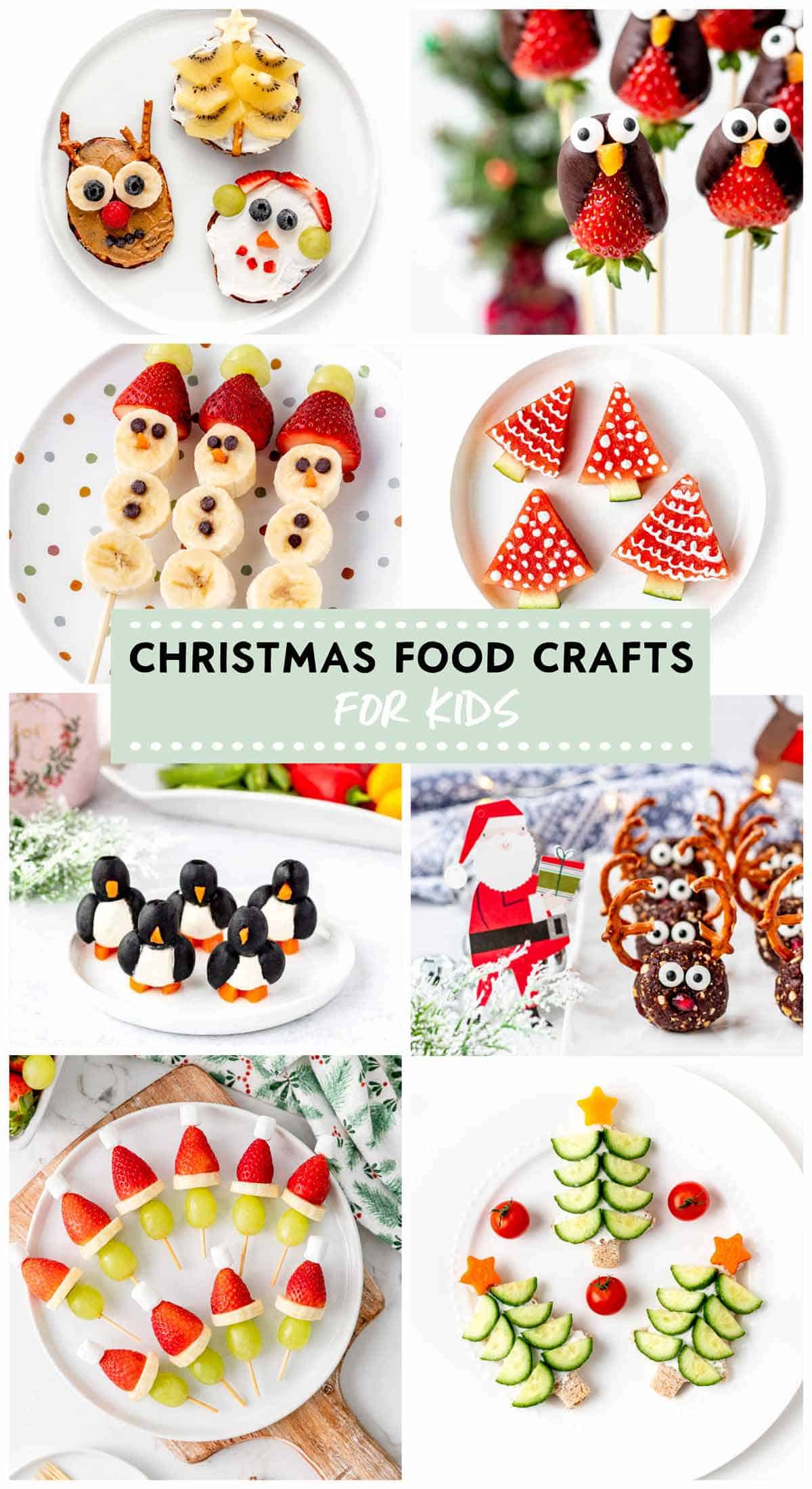 A collage of eight Christmas food crafts for kids.
