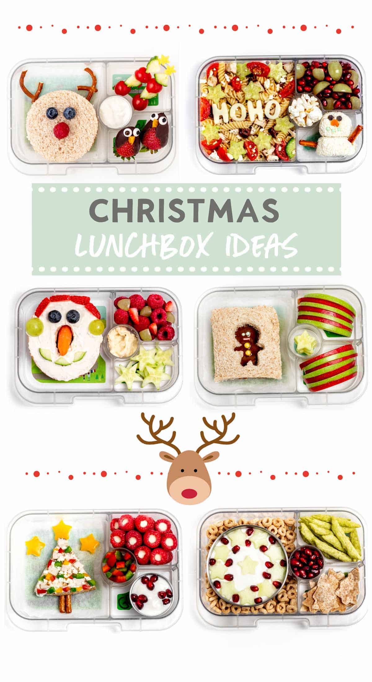 A collage of six Christmas lunchbox ideas.