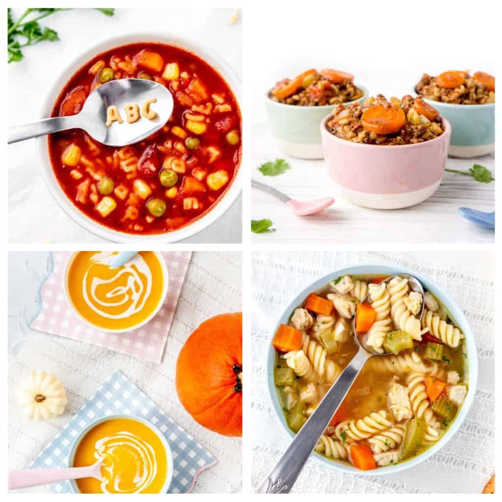 A collage of four healthy soup recipes for toddlers.